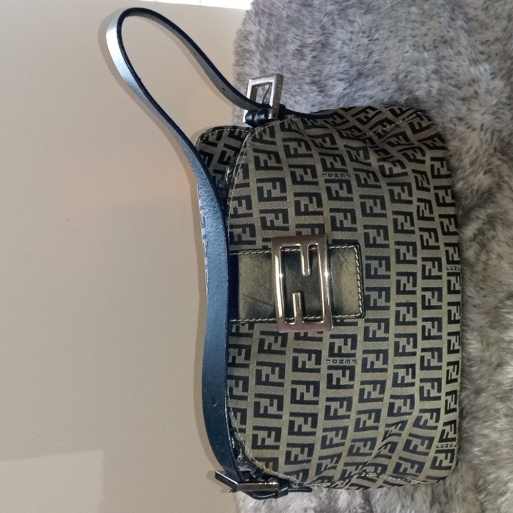 Fendi Zucchino Canvas Shoulder Bag with Leather Navy Blue with Entrupy cert.